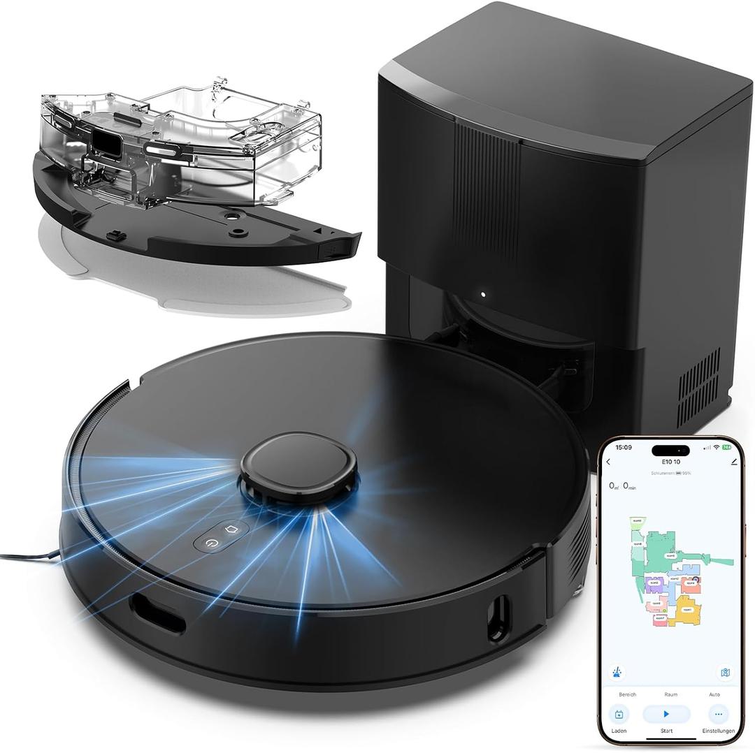 Robot Vacuum and Mop Self-Emptying with 8,000Pa Suction, LiDAR Navigation, Home Mapping, 75-Day Capacity, No-Go Zones, 150 Mins, APP＆Voice Control for Pet Hair, Hard Floors, Carpets, E10+