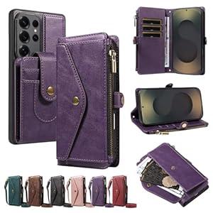 Wallet Case for Samsung Galaxy S25 Ultra Compatible with Magsafe, Detachable Card Holder, PU Leather Handbag Phone Purse with Zipper, RFID Blocking Strap Lanyard Kickstand Magnetic Phone Case (Purple)