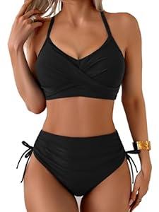 Fanuerg Women's High Waisted Bikini Sets Drawstring Tummy Control Two Piece Swimsuits Crisscross Tie Back Bathing Suit - M