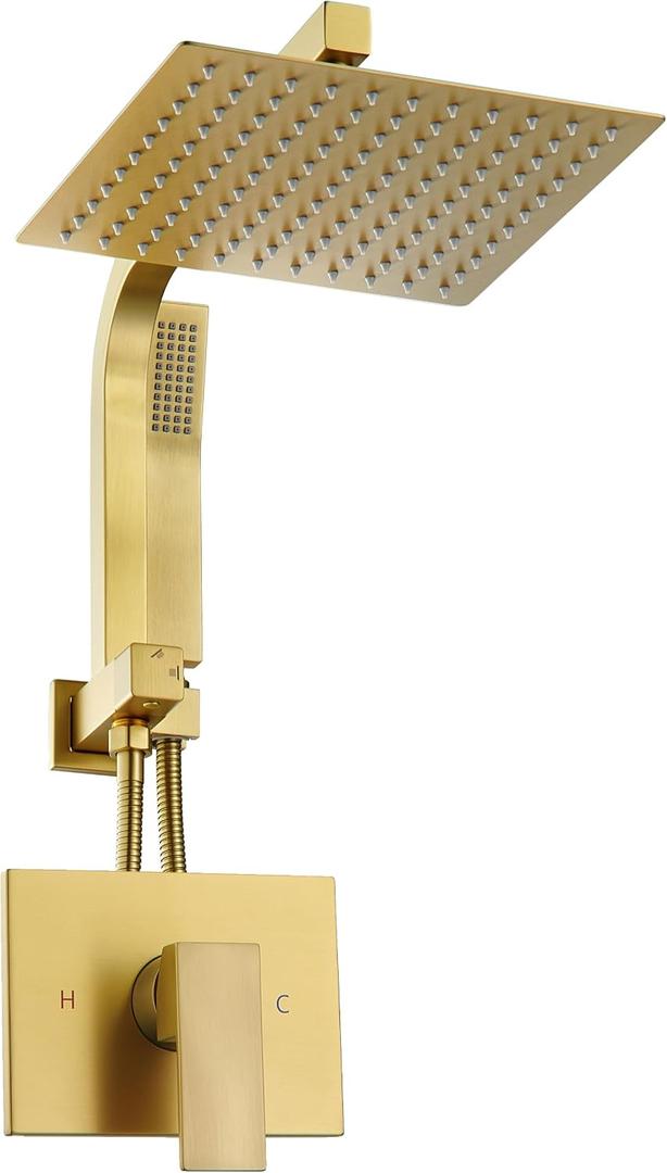 Brushed Gold Shower System with 10Inch Rain Shower Heads with Handheld Spray Combo, Gold Shower Faucet Set with Rain Shower and Handheld, Gold Shower Head and Handle Set(Shower Valve Kit Included)