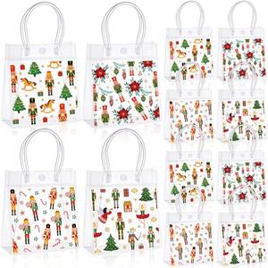 Sweetude 24 Pcs Merry Christmas Nutcracker Clear Gift Bags with Handles 6.3x 5.9 x 2.7 Inches Xmas Party Favor Plastic Christmas Candy Treat Goodie Bags for Holiday Wedding Birthday Party Supplies
