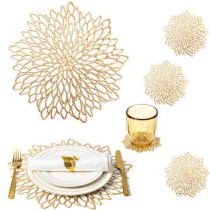 Placemats Set of 12 Gold Placemats Charger Plates Table Mats Place Mats & 4 Pcs Coasters Birthday Christmas Holiday Round Wipeable Vinyl Placemats Kitchen Wedding Dinner Dining Table Decor Setting
