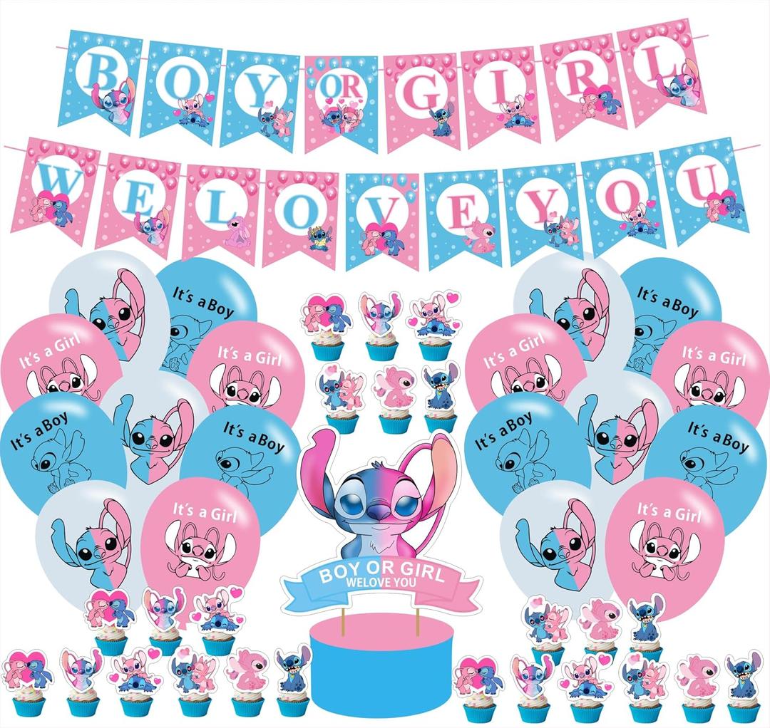 Gender Reveal Party Decorations,Birthday Party Supplies For Gender Reveal Party Supplies Includes Banner - Cake Topper - 12 Cupcake Toppers - 18 Balloons