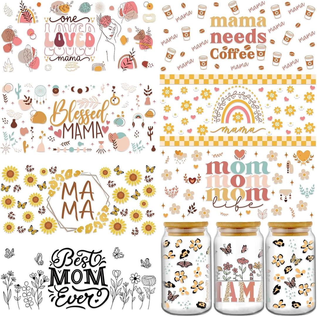 UV DTF Cup Wrap - 8 Sheets Mama UV DTF Cup Wraps for 16 oz, Butterfly Mom Uvdtf Decals, Waterproof Rainbow Flower Personalized Rub on Stickers for Glass, Mom Gifts