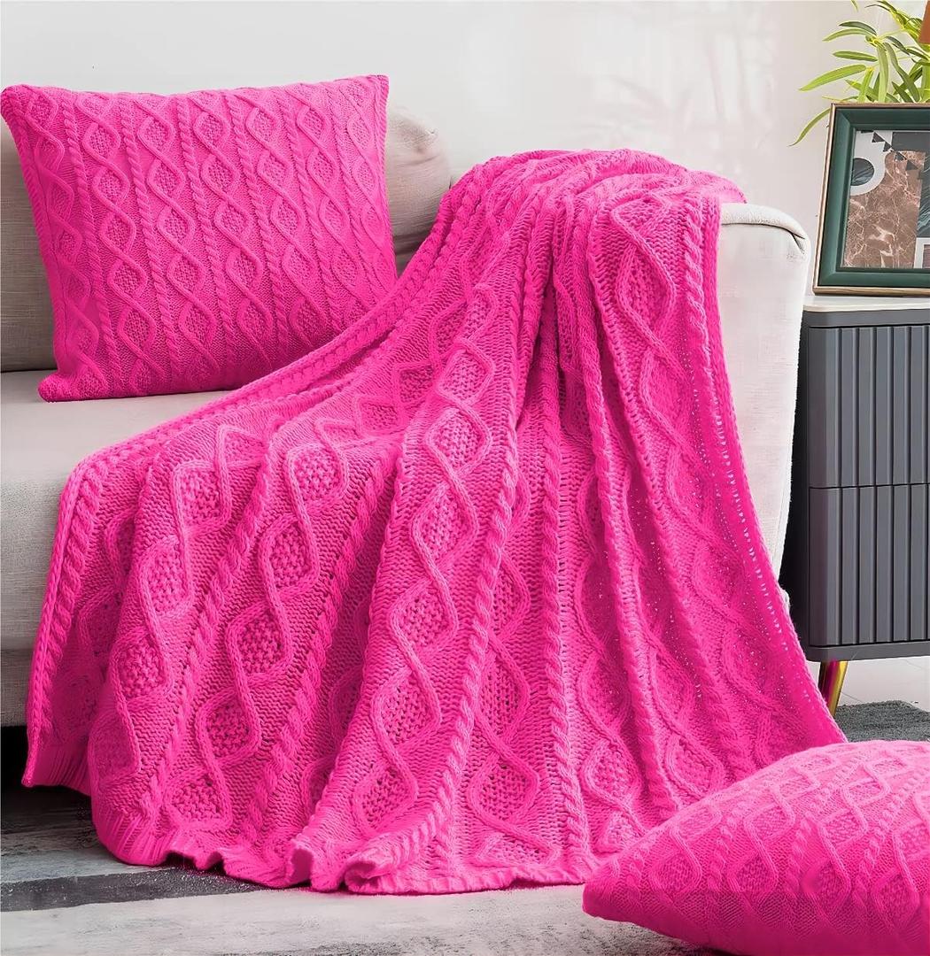 Homiest Hot Pink Cable Knit Throw, 60 x 80 Inch Acrylic Knitted Blanket with Diamond Texture, Soft & Cozy Decorative Blanket for Couch, Bed, Sofa