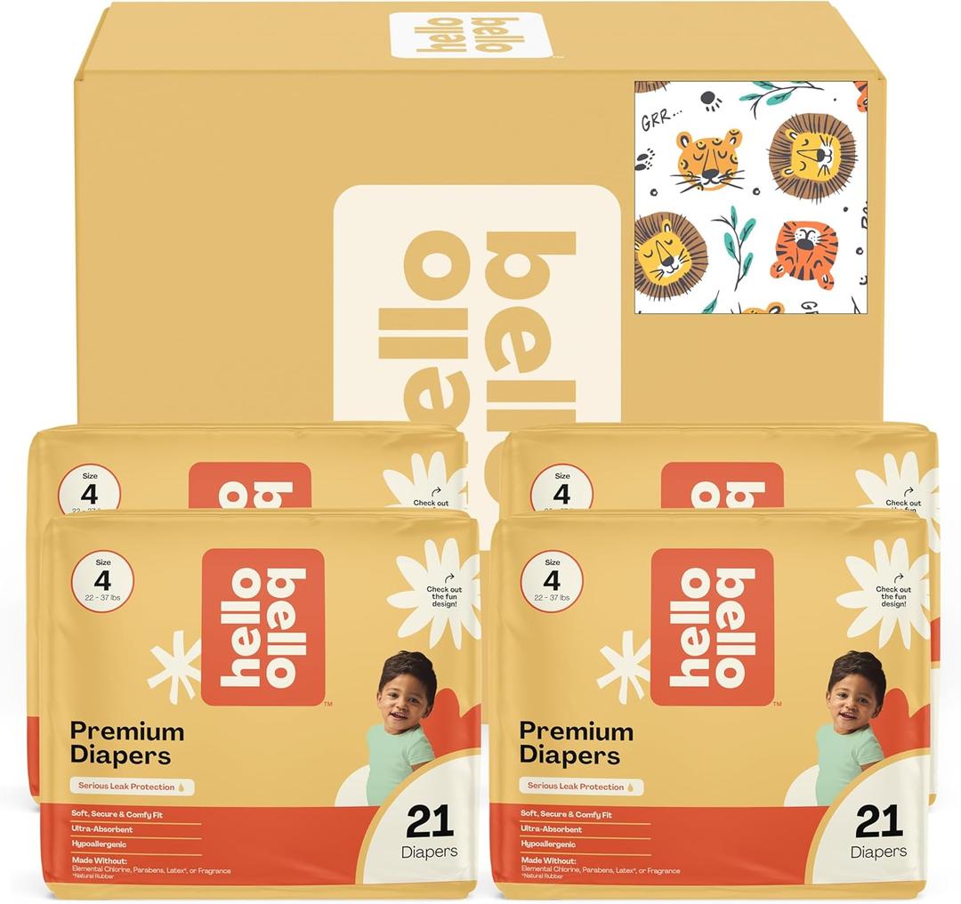 Hello Bello Diapers, Size 4 (22-37 lbs) Wild Cats, 63 Count Value Pack of Premium Disposable Baby Diapers, Hypoallergenic with Soft, Cloth-Like Feel