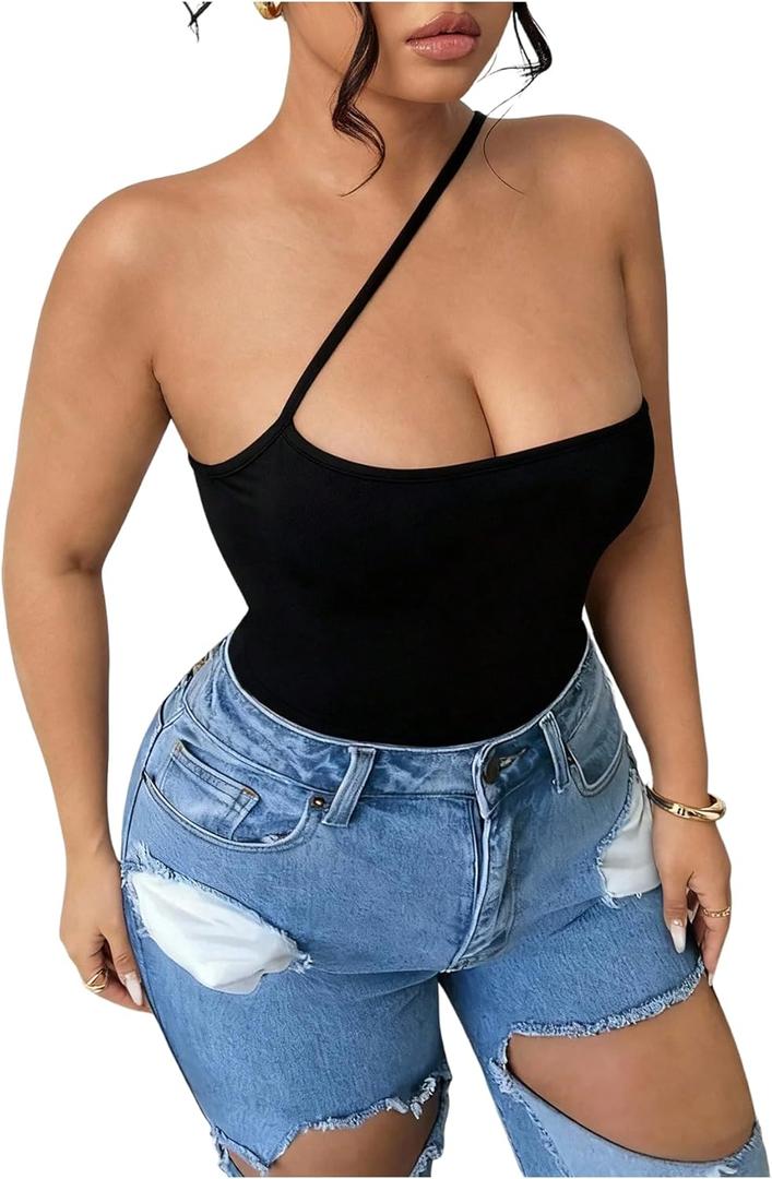 SOLY HUX Women's Plus Size One Shoulder Sleeveless Crop Tops Slim Fitted Asymmetrical Going Out Camisole (XX-Large Plus, Pure Black)