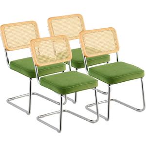 VEVOR Rattan Dining Chairs Set of 4, Mid Century Modern Dining Chair, Upholstered Velvet Accent Chair with Rattan Back, Retro Dining Room Kitchen Chair for Living Room, Bedroom (18.1 Inch) (Green)