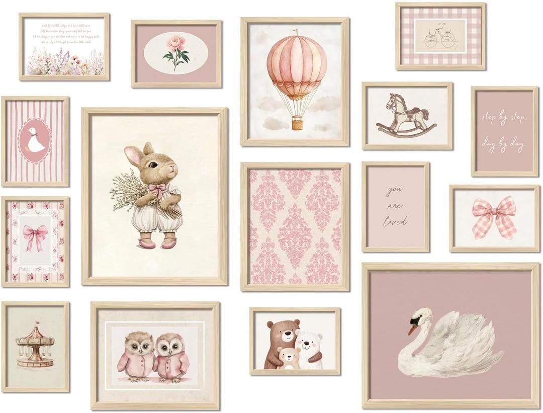 16 PCS Framed Pink Nursery Wall Art Decor, Vintage Baby Girl & Boy Nursery Decor, Kids Toddler Room Bedroom Playroom Decor, Animals Eclectic Gallery Wall Prints, Bear Duck Goose Rabbit (12"x15" Framed)