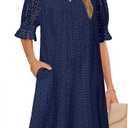 MEROKEETY Women's 2025 Summer Short Sleeve Mini Dress V Neck Ruffle Hollow Out Eyelet Lace Dresses, Navy, Large