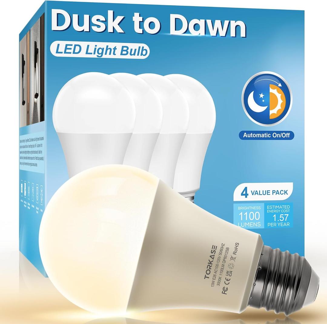 Torkase Outdoor Dusk to Dawn Light Bulbs, 13W(100W Equivalent), 3000K Daylight, A19 Automatic On/Off Sensor LED Bulb, E26 Base, Non-Dimmable, 4 Pack (3000k Warm White)