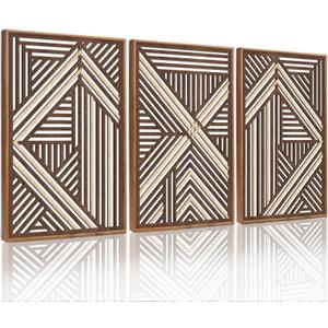 CHDITB Boho Geometric Wood Wall Art(Set of 3, 16"x24"), Large Modern Wooden Panel Hollow Line Art Decor, Rustic Abstract Minimalist Wall Hanging Artwork for Bedroom Living Room Office (Geometric Lines (Brown))