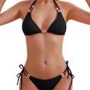 swimall Women's Bikini Set Sexy Triangle Halter Two Piece Swimsuit Double Straps String Tie Bathing Suit (Black, XL)