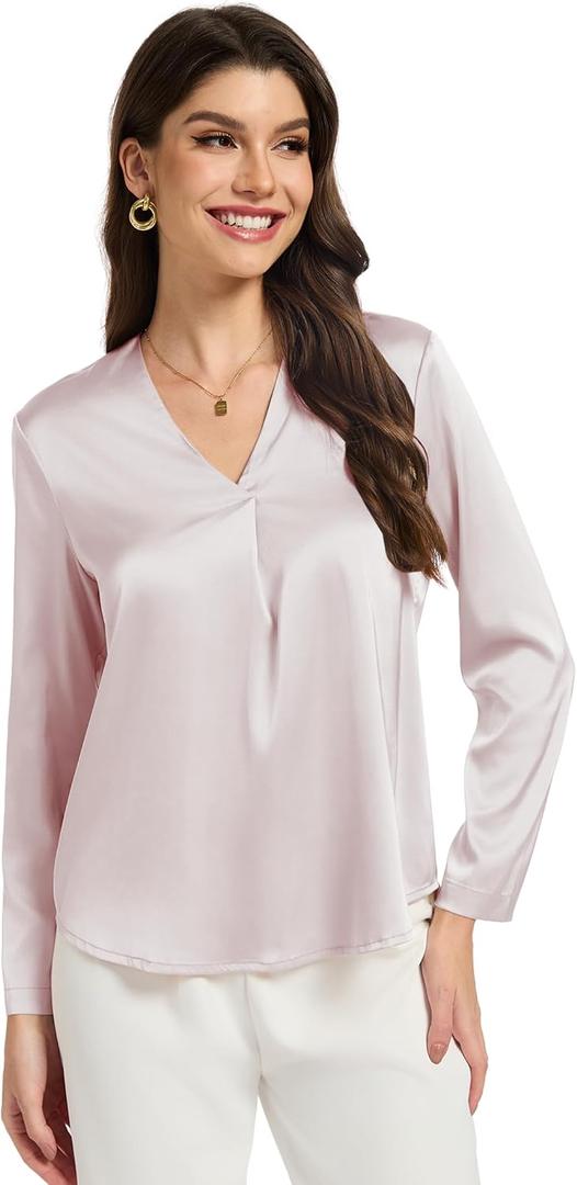 Womens Silk Satin Blouses V Neck Long Sleeve Tops Casual Dressy Shirts (S)