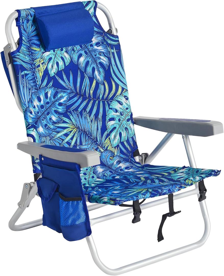SUNNYFEEL Low Beach Chairs for Adults 5 Position Lay Flat, Portable Folding Backpack Beach Chair Heavy Duty with Cooler Bag, Cup Holder for Outdoor/Lawn/Picnic, Foldable Camping Chair