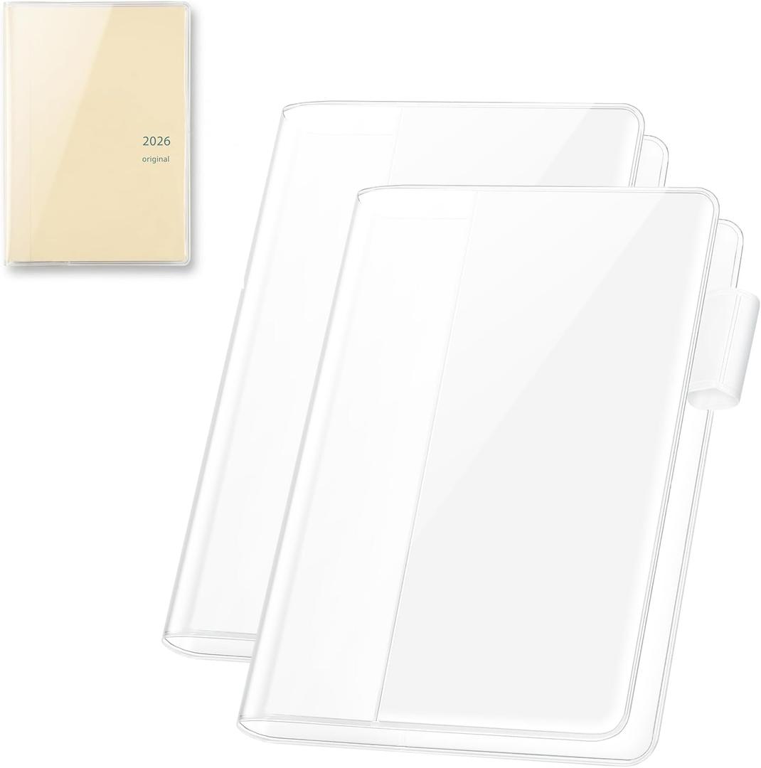 5 x A6 Clear Planner Cover for Hobonichi Original, Transparent PVC Case with Pen Holder Bookmark Card Pockets for Midori Stalogy Notebooks, Waterproof Protective Cover(2-Pack)