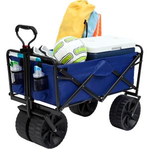 MacSports Heavy Duty Collapsible Folding All Terrain Utility Beach Wagon Cart, Blue/Black
