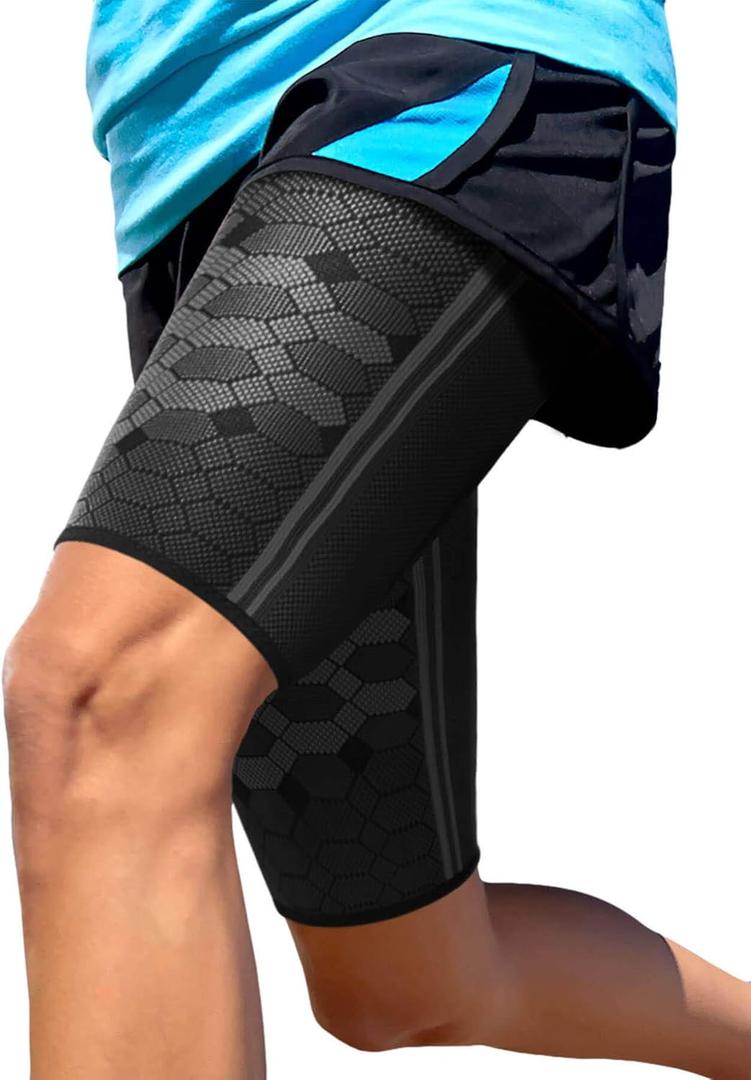 Sparthos Thigh Compression Sleeves (Pair)  Quad and Hamstring Support  Upper Leg Sleeves for Men and Women  Made from Innovative Breathable Elastic Blend  Anti Slip (X-Large, Midnight Black)