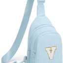 Viverte Small Corduroy Sling Bag Initial Crossbody Bag Fanny Pack for Girls Personalized Birthday Gifts for Teen Girls Gifts (Icing Blue)