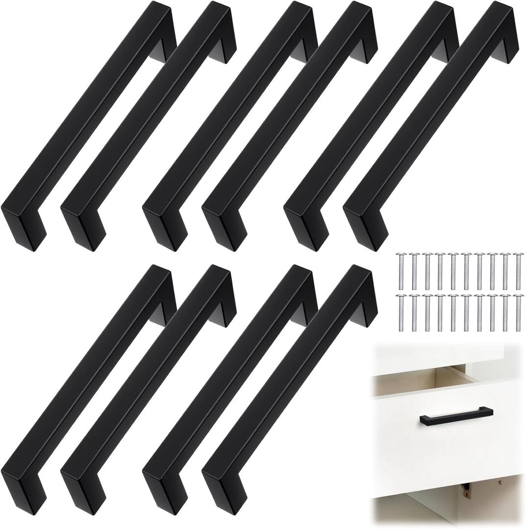 10 Pack Matte Black Cabinet Pulls 5.5 Inch(140mm), Stainless Steel Cabinet Handles, Kitchen Hardware Accessories for Cupboard Drawer Handles Dresser Pulls