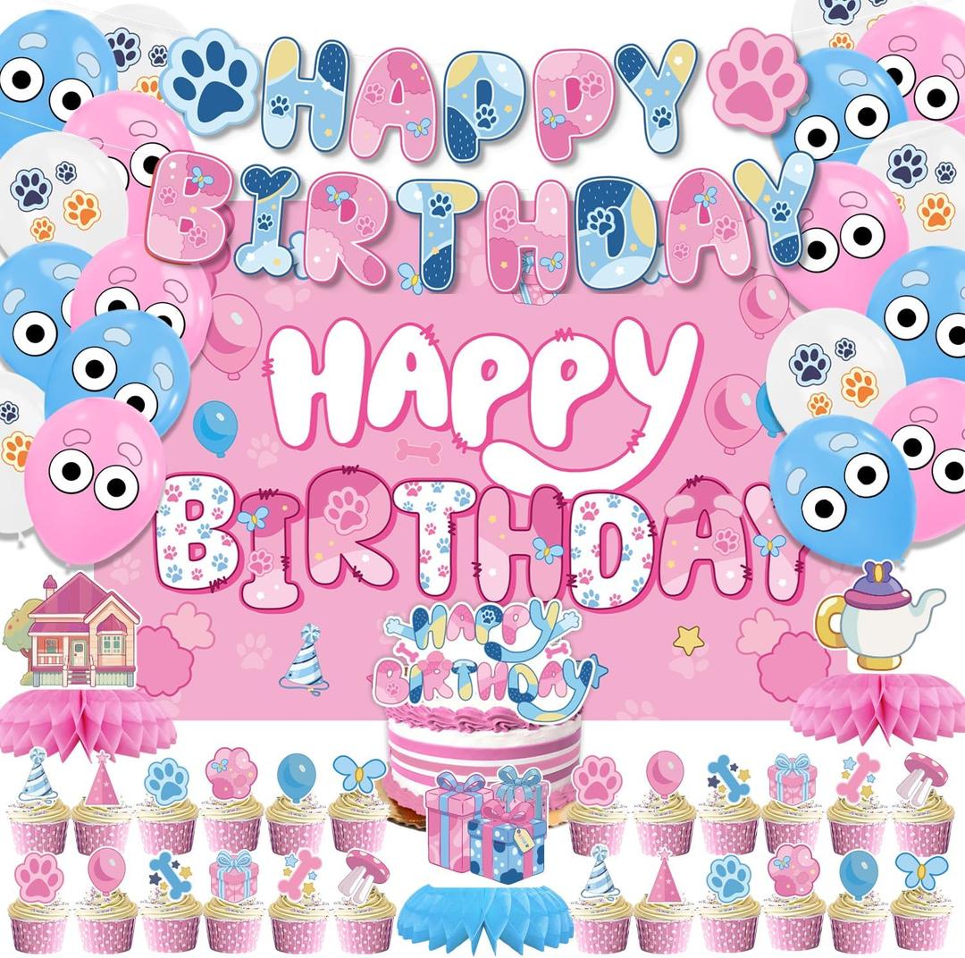 Pink Dog Themed Party Supplies, Cartoon Dog Birthday Decorations Set for Kids Birthday Party (Pink)