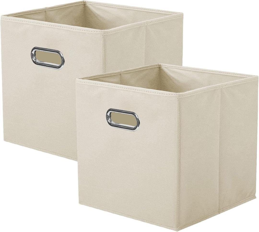 ShellKingdom Storage Bins, Foldable Fabric Storage Cubes And Cloth Storage Organizer Drawer with Metal Handle For Closet And Toys Storage, 11 X 10.5 X 10.5 INCH, 2 Pack (Beige)