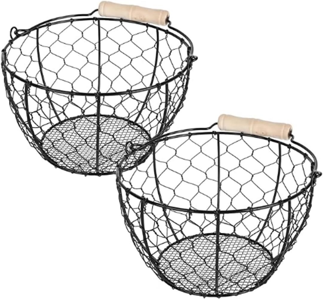 2 Pcs Egg Basket With Handle,Wire Egg Basket for Gathering Fresh Eggs, Round Egg Collecting Basket for Farm,Vintage Style Chicken and Duck Eggs Basket Egg Countertop Storage Container Holder