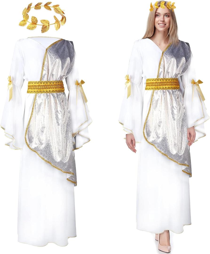 Geyoga 2 Pcs Greek Goddess Costume Toga Costume Women Halloween Greek Dress with Roman Crown Leaf Wreath (Medium)