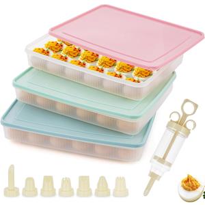 FACULX 3 Pack Deviled Egg Containers with Lid and 8 Pcs Deviled Egg Injector Piping Tool, Egg Organizer for Refrigerator, Fridge Stackable Countertop Portable Egg Platter (pink,blue,green)