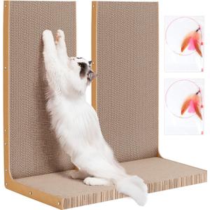 2pcs L Shaped Cat Scratchers, 22 Inch Cardboard Cat Scratcher, Vertical Cat Scratcher for Indoor Cats with Interactive Cat Toys, Double Sided Adhesive Pads
