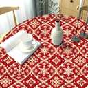 Christmas Round Fitted Tablecloth with Elastic for 40-44 Inch Tables Red Gold Snowflake Block Print Winter Fitted Table Cover Waterproof Holiday Theme Farmhouse Indoor Outdoor Patio Picnic Party