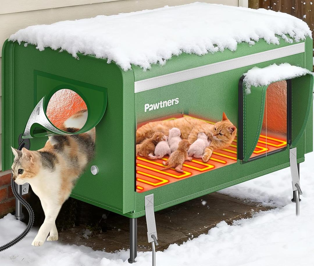 Pawtners Heated Outdoor Cat House for Outside Cats, 26'' XL Insulated Weatherproof Cat Shelter with Heated Pad, Elevated Feet & Escape Door, Warm Kitty House for Feral or Stray Cats in Winter (Green)