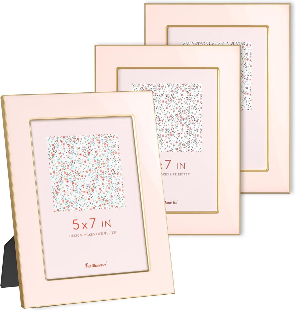 Fun Memories 5x7 Picture Frame - 3pcs Pink Enamel Glass Photo Frame with Gold Metal Edge & Easel for Display Picture Frame on Countertops, Tabletops, Bookshelves, Desks, Walls (Pink/Gold)