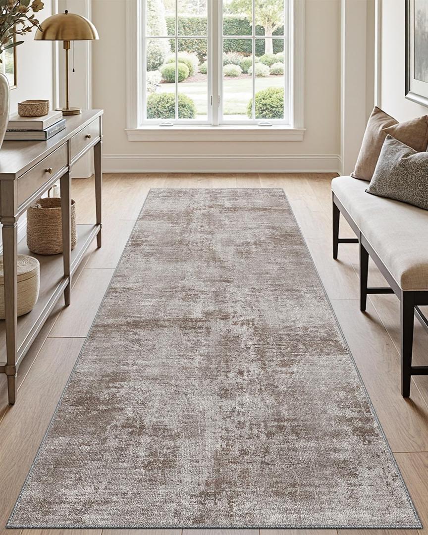 DEXI Hallway Washable Runner Rug 3x8, Modern Abstract Soft Thin Kitchen Runner with Non Slip Backing, Low Pile Entryway Floor Rug, Stain Resistant Carpet for Bedroom Living Room, Grey Brown