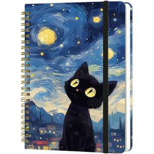 Spiral Notebook - A5 Spiral Notebooks, 8.3''  5.8'', 160 Pages, Aesthetic Journaling Notebooks for Women, College Lined Notebook with Elastic Closure, Back Pocket, for School Office, Cat Sky