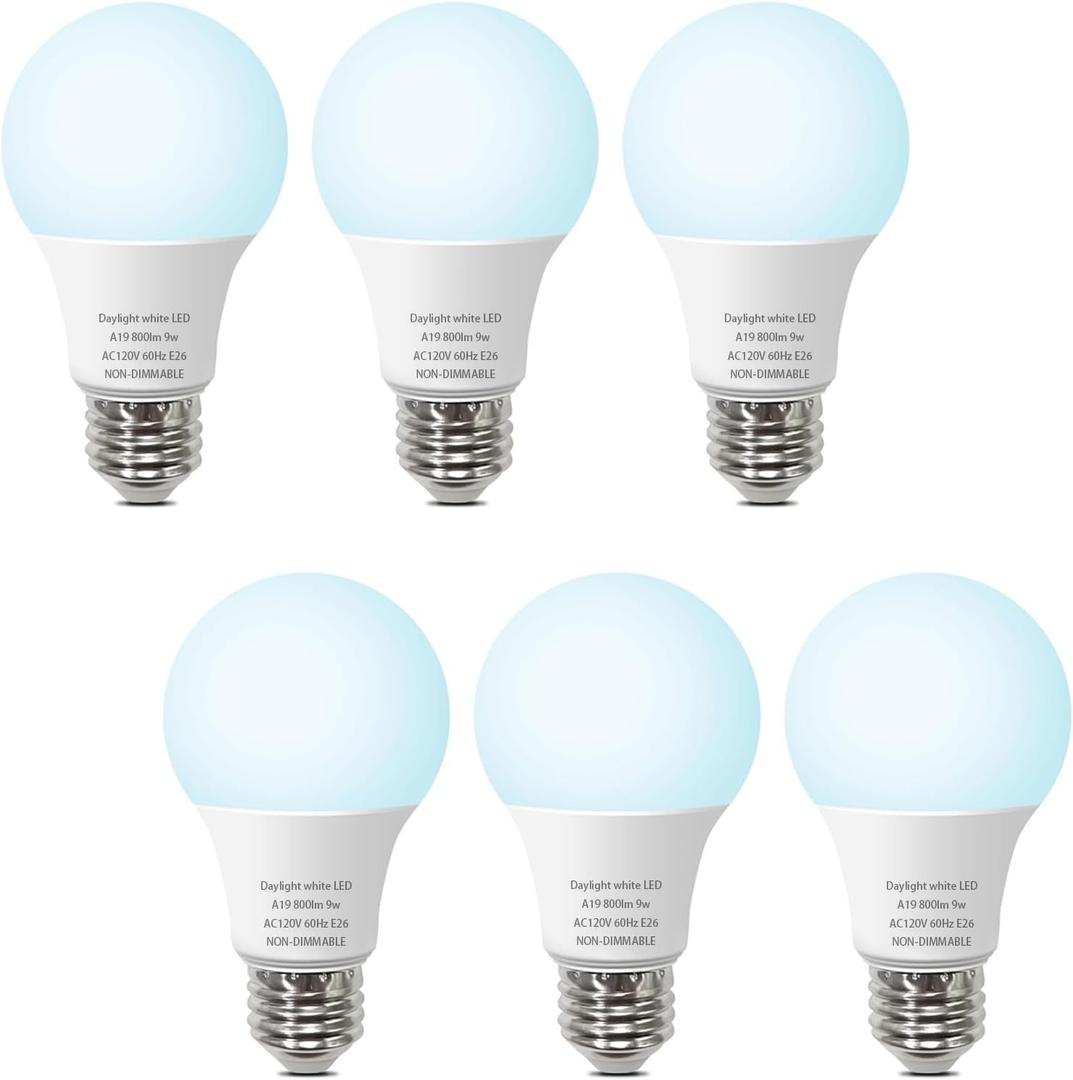 A19 LED Light Bulbs 60W Equivalent, 5000K Daylight White 120V 9W 800 Lumens E26 Base bulb Not-Dimmable, A19 Led Energy Efficient Light bulb suitable for Home Office Bedroom Living Room, 6 Packs