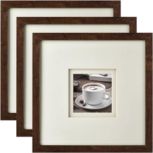 Yaetm 12x12 Square Picture Frame Matted to 5x5, Double Floating Ivory Mat, Brown Wood Grain Photo Frame with Polished Tempered Glass for Wall Gallery, Home and Office, Wall Mounting, 3 Pack