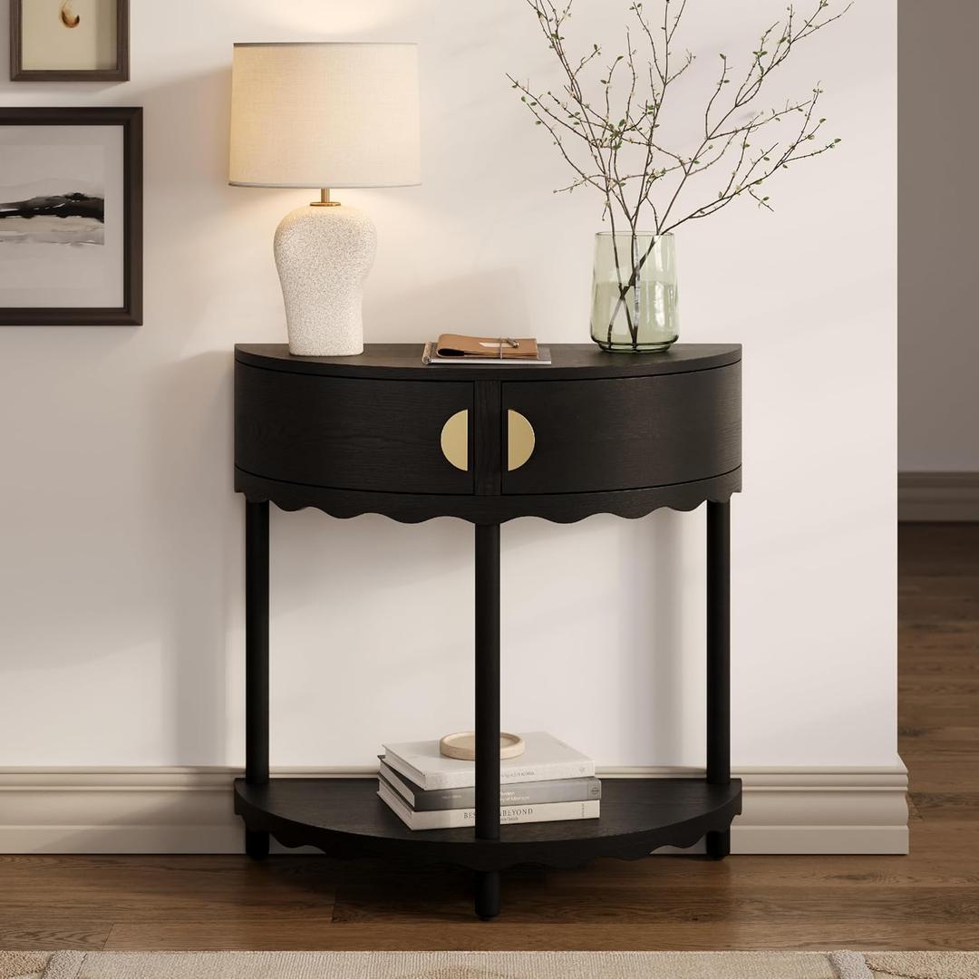 Stead Scalloped Skirt Half Moon Console Table - Space-Saving Entryway Table for Narrow Hallways - Slim Entryway Console with Two Doors & Shelf - Blackened Oak with Brass Pulls