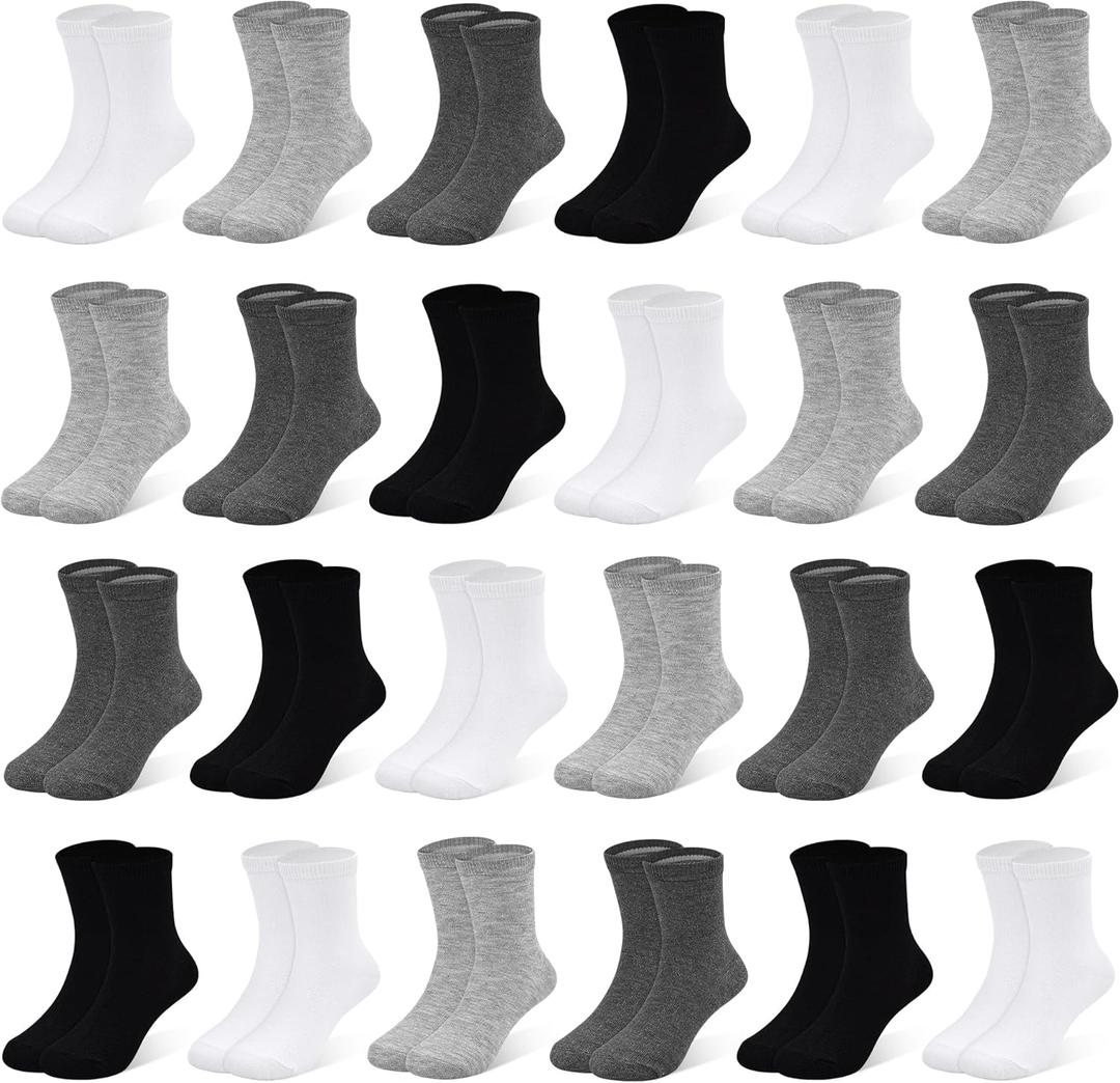 Toddler Socks, 24 Pairs Kids Socks for Boys Girls 7-10Years Kids Crew Socks Multipack Athletic White Black Grey