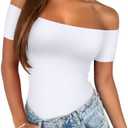 REORIA Women Sexy Off The Shoulder Short Sleeve Backless Basic Double Lined Thong Bodysuit Tops 2XL