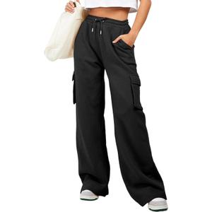 Aleumdr Women High Waisted Drawstring Wide Leg Cargo Pants 2025 Trendy Casual Baggy Joggers Pants with Pockets (Medium, Black)