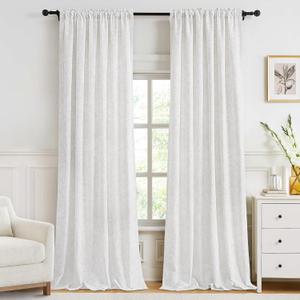 Cream Curtains 96 inch Length 2 Panel Set, White Floral Light Filtering Curtain Cotton Textured for Living Room Bedroom Soft Window Drapes with Rod Pocket Decorative Floor to Ceiling Curtains