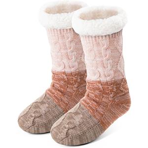 Anlisim Women Slipper Socks Non Slip Fuzzy Fluffy Thick Warm Cabin Cozy Comfy Soft Fleece Home Grips Socks (One Size, Gradient Khaki)