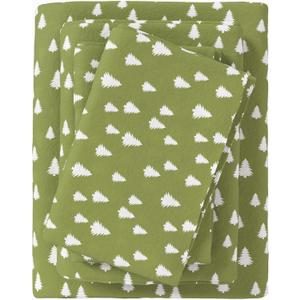 Great Bay Home Flannel Sheet Set King Size - 100% Turkish Cotton, Double-Brushed, Lodge-Printed Bed Sheets - Ultra-Soft, Cozy, 4-Piece Bedding Set (Little Trees - Olive)