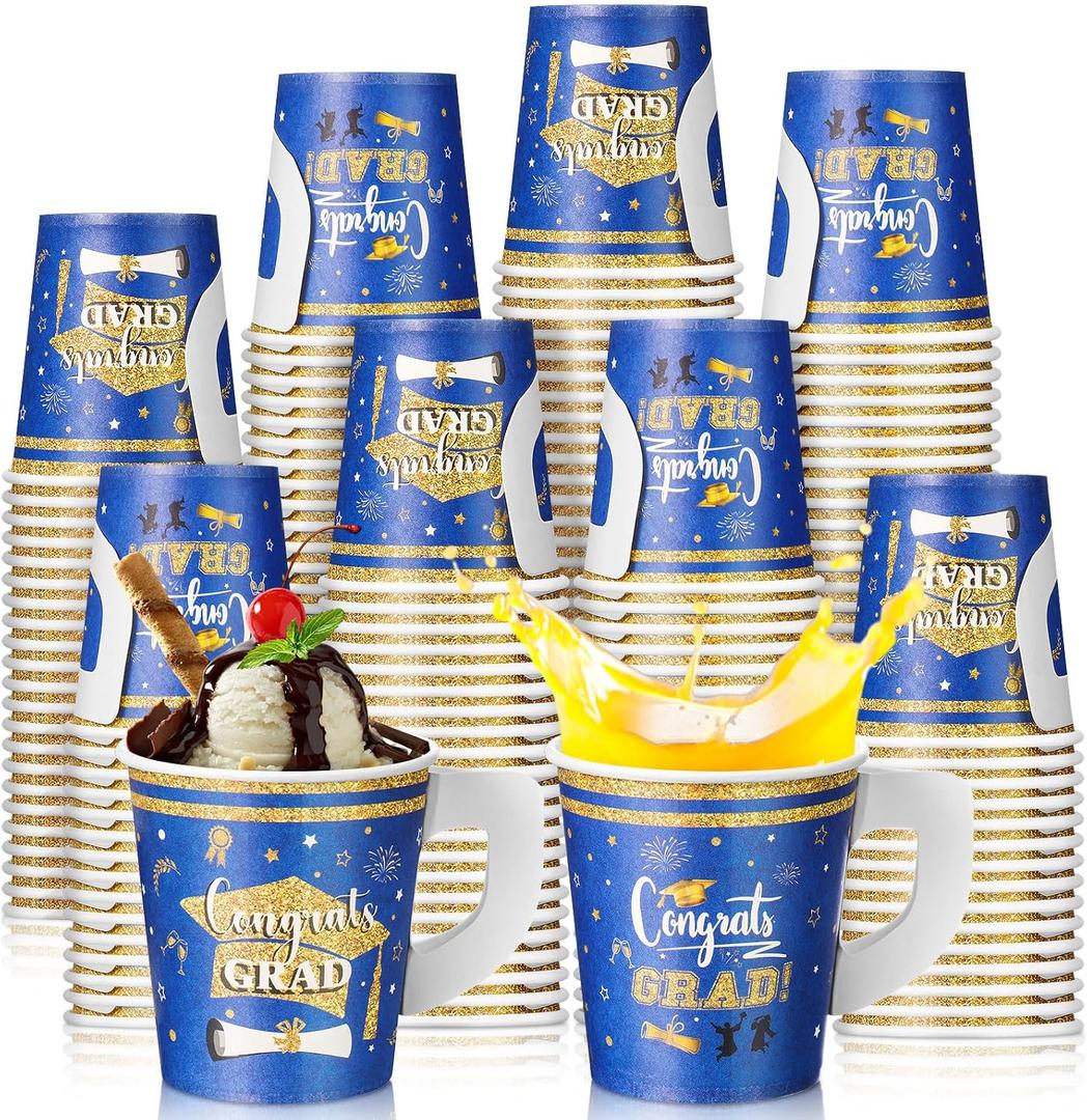 Maxcheck 75 Pcs Graduation Decorations 7 oz Ice Cream Paper Cups with Handles Bulk Congrats Grad Disposable Class of 2026 Cold Chocolate Beverage Tea Coffee Cups for Holiday Party Supplies(Blue)