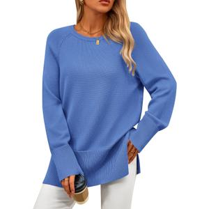 PRETTYGARDEN Women's Knit Fall Sweaters Long Sleeve Pullover Crewneck Split Hem Oversized Tunic Sweater Tops Winter Clothing (Blue, S)