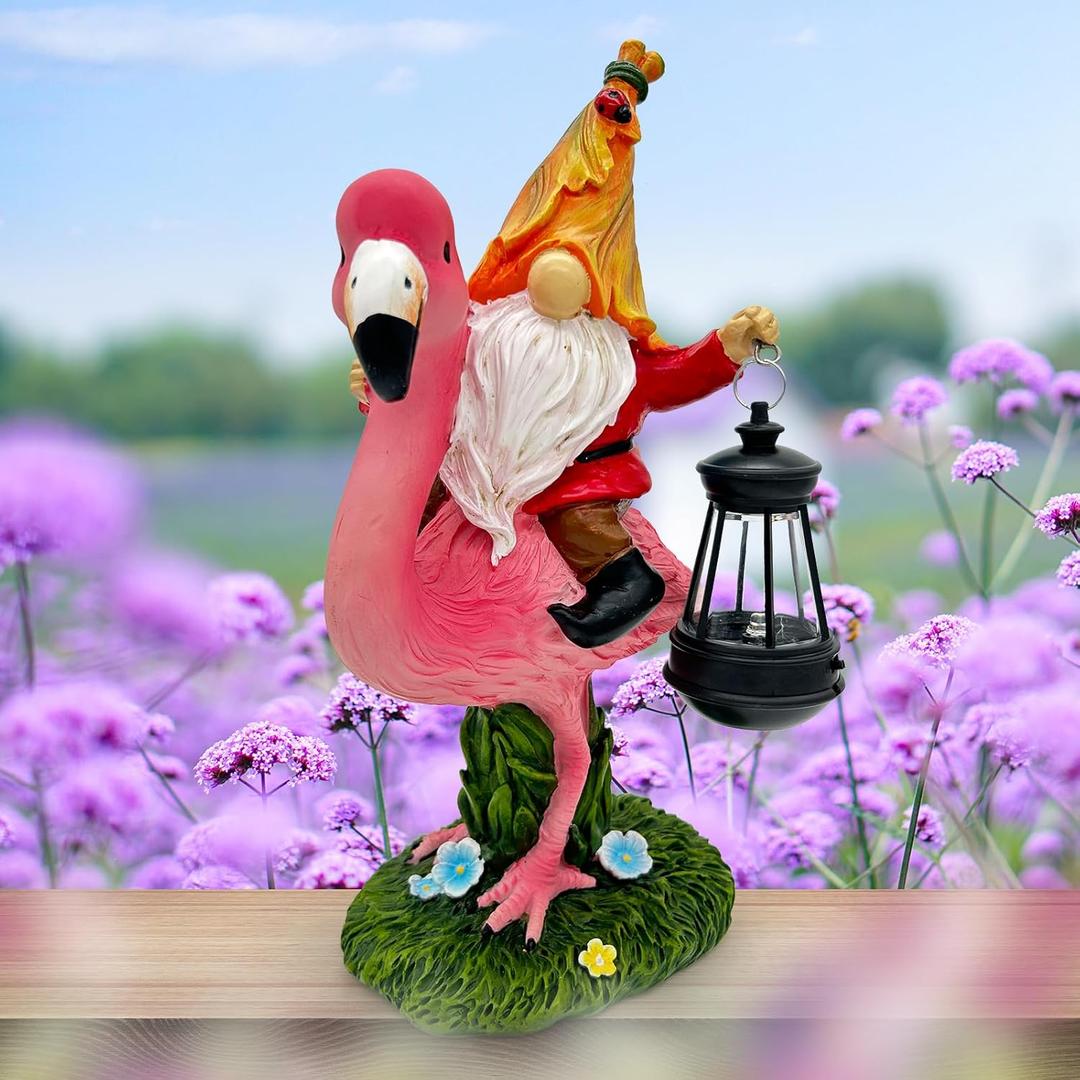 Gnomes Flamingo with Solar Lantern, Whimsical Decor for Garden, Yard, Patio, Lawn, LED Lights - Unique Gift for Women, Mom, Friends(Red Gnomes)