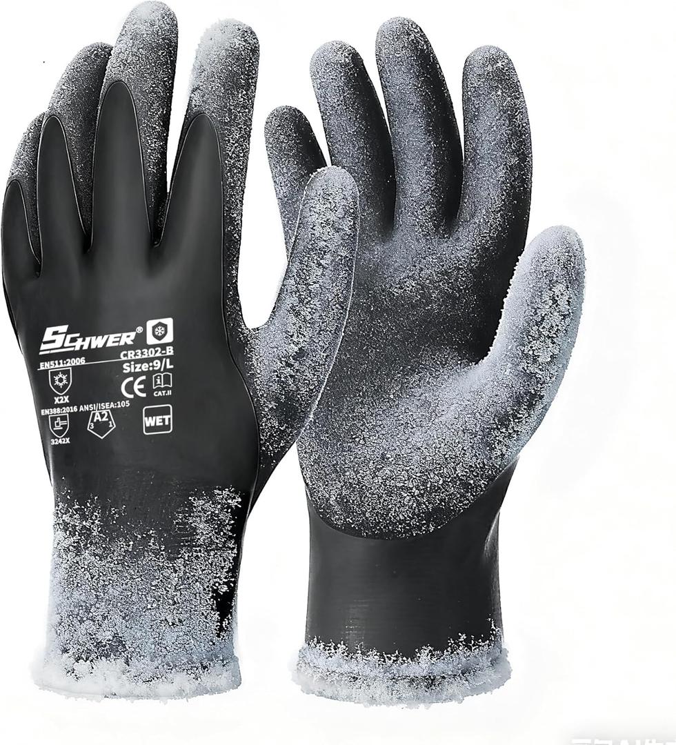 Schwer 2 Pairs 100% Waterproof Winter Work Gloves, ANSI A2 Cut Resistant Freezer Gloves for Outdoor Cold Weather Keep Hands Warm, Thermal Insulated Gloves for Shoveling Snow, Ice Fishing, L