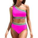 Tempt Me Vibrant Pink One-Shoulder Bikini with Textured Stripes Medium