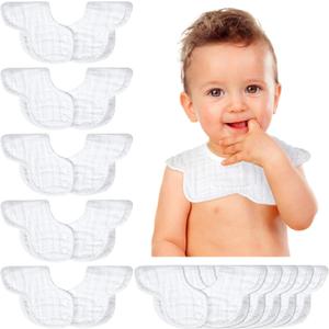 Geyoga 10 Pcs Baby Bibs 360 Rotate Baby Bandana Muslin Drool Bibs Petal Bibs Burp Gauze Cloths Absorbent Bib (Solid Pattern, White)